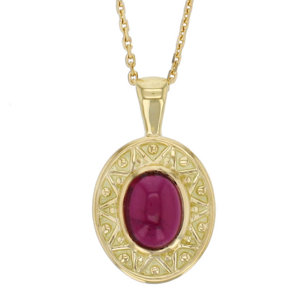 Miosach 18ct yellow gold red garnet pendant with chain