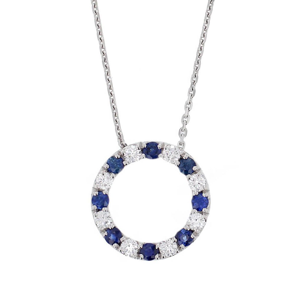 18ct white gold diamond and blue sapphire eternal circle pendant with chain