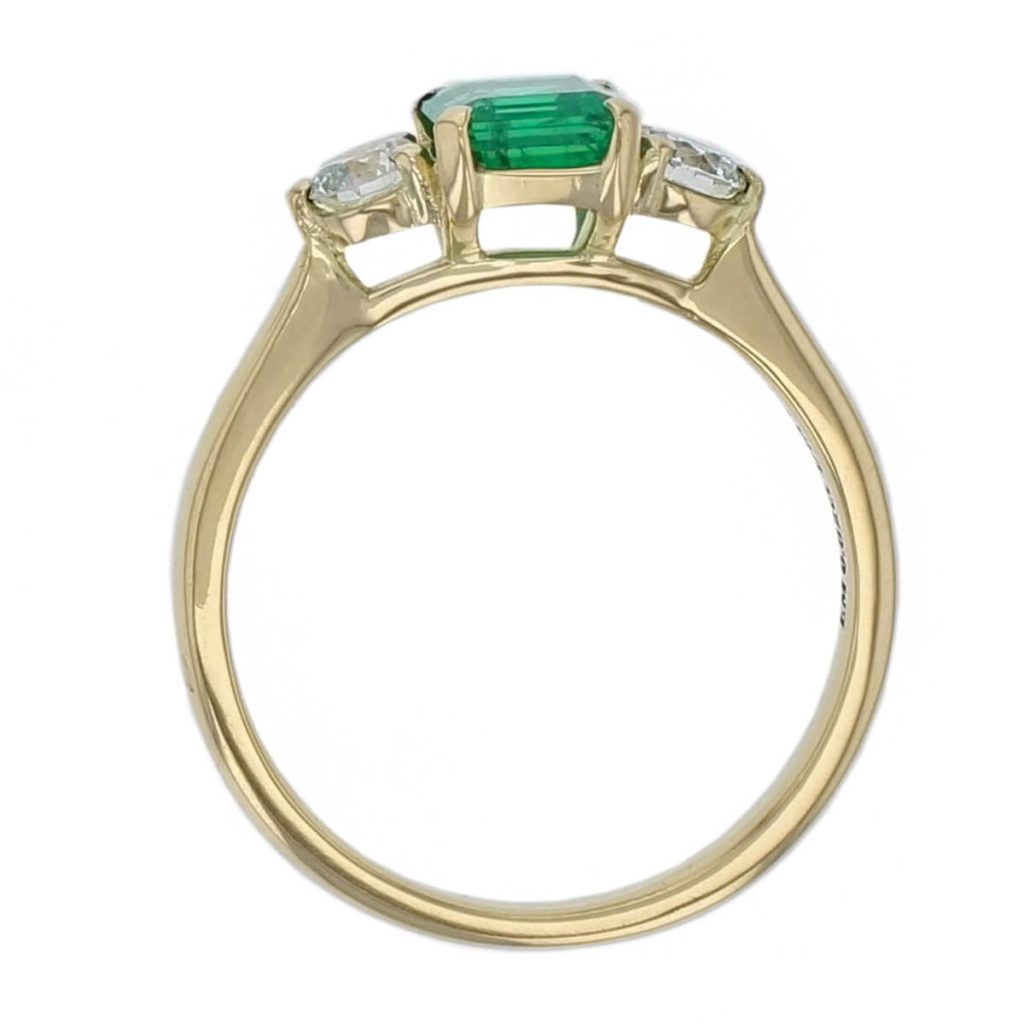 alternative engagement ring, 18ct yellow gold ladies octagon cut emerald & diamond designer trilogy engagement ring designed & hand crafted by Faller of Derry/ Londonderry, trilogy dress ring, precious green gem jewellery, jewelry