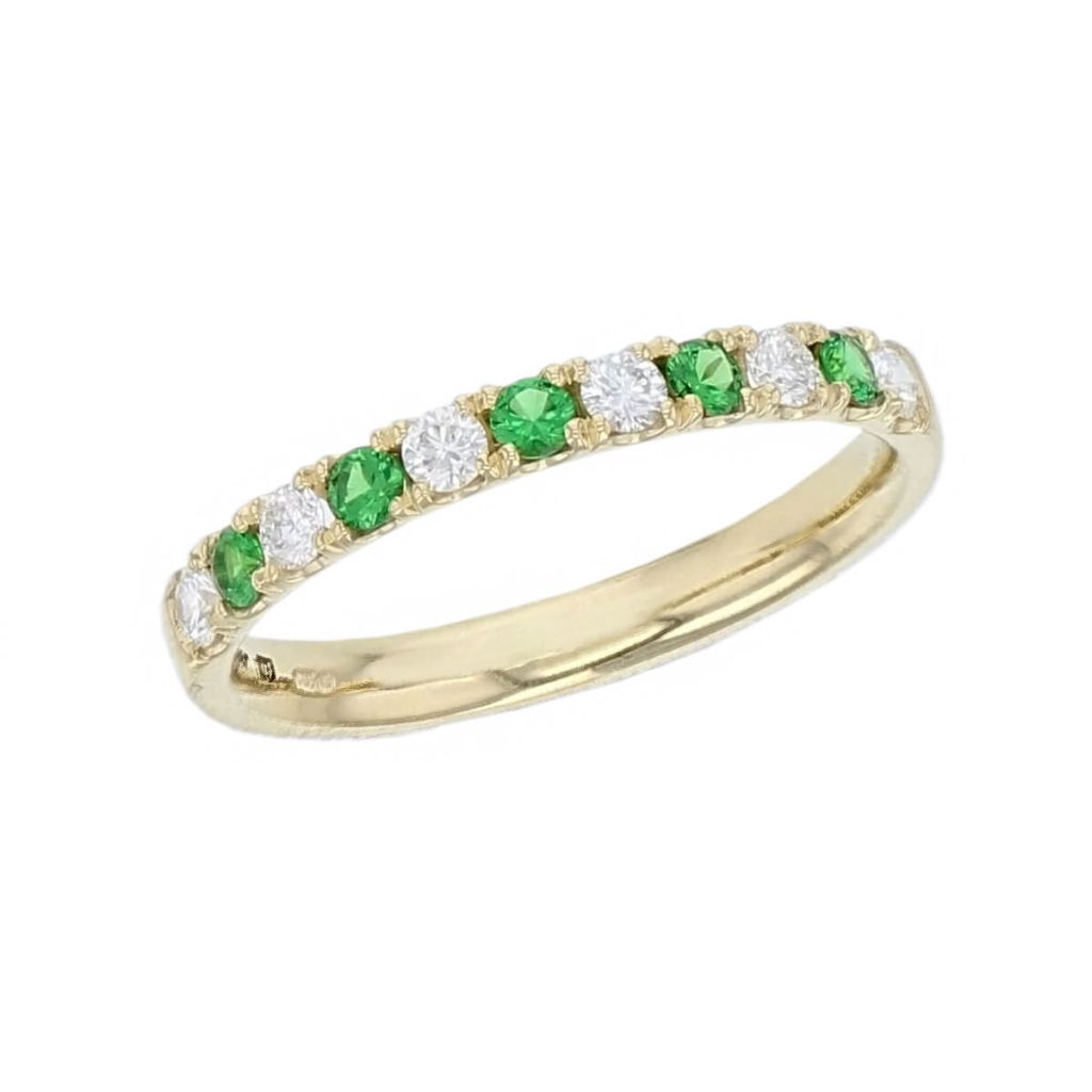 18ct yellow gold round brilliant cut diamond & tsavorite garnet eternity ring designer dress ring handmade by Faller, hand crafted, precious jewellery, jewelry, ladies , woman