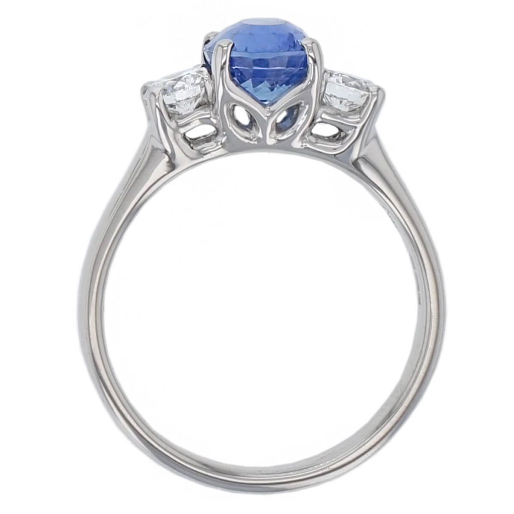 alternative engagement ring, platinum, ladies ring. oval cut sapphire & diamond designer three stone engagement ring designed & hand crafted by Faller of Derry/ Londonderry, dress ring, precious gem jewellery, jewelry, trilogy, sapphire ring, blue gem ring
