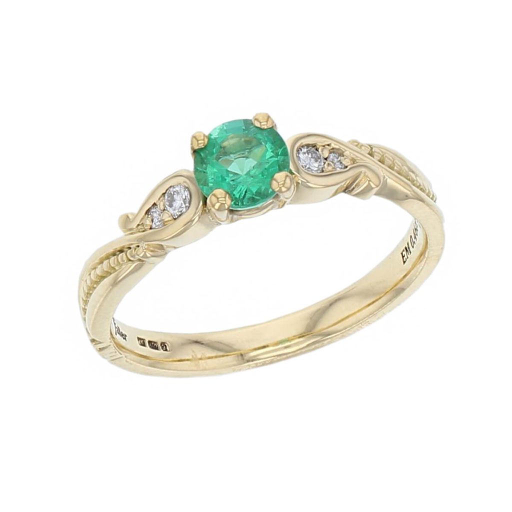 alternative engagement ring, 18ct yellow gold ladies round cut green emerald & diamond designer multi stone engagement ring designed & hand crafted by Faller of Derry/ Londonderry, dress ring, precious gem jewellery, jewelry, shoulder set, vintage, art nouveau, filigree