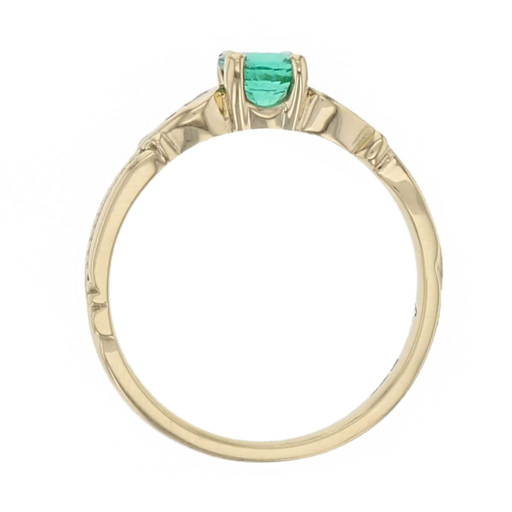 alternative engagement ring, 18ct yellow gold ladies round cut green emerald & diamond designer multi stone engagement ring designed & hand crafted by Faller of Derry/ Londonderry, dress ring, precious gem jewellery, jewelry, shoulder set, vintage, art nouveau, filigree