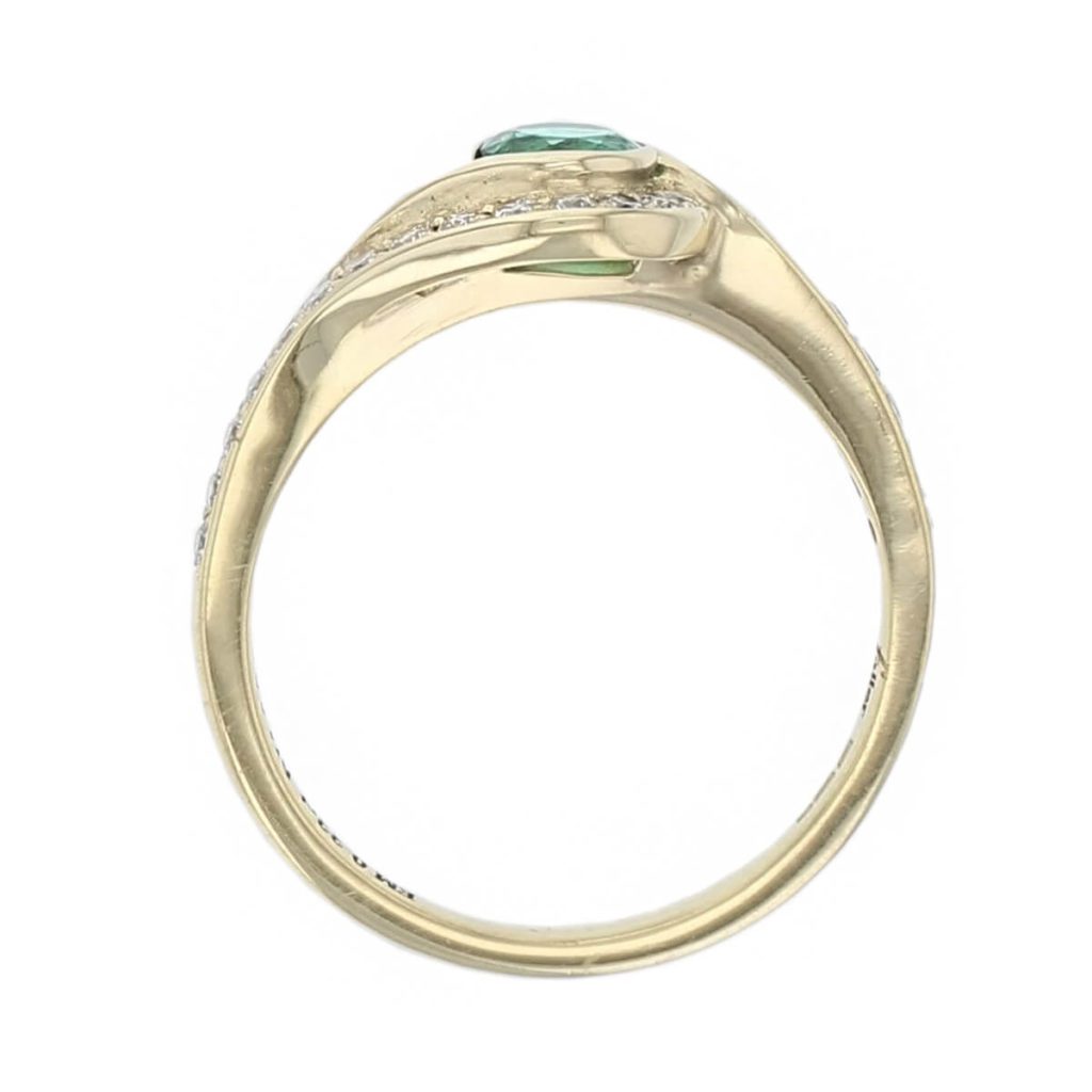 18ct yellow gold ladies round cut green emerald & diamond designer multi stone twist crossover halo cluster ring designed & hand crafted by Faller of Derry/ Londonderry, dress ring, precious gem jewellery, jewelry, shoulder set