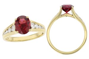 alternative engagement ring, 18ct yellow gold round brilliant cut diamond & oval cut red spinel trilogy ring designer dress ring handmade by Faller, hand crafted, precious jewellery, jewelry, ladies , woman