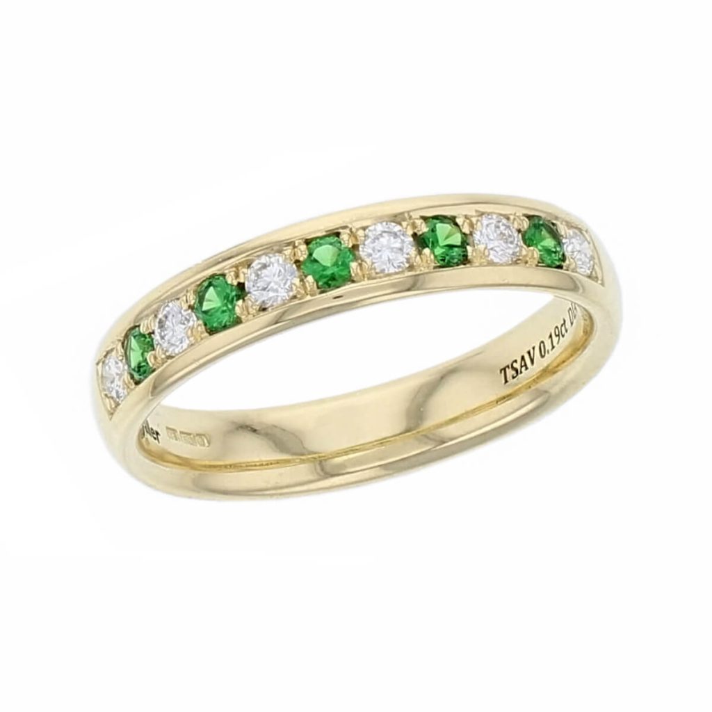 4.0mm 18ct yellow gold round brilliant cut diamond & tsavorite garnet eternity ring designer dress ring handmade by Faller, hand crafted, precious jewellery, jewelry, ladies , woman