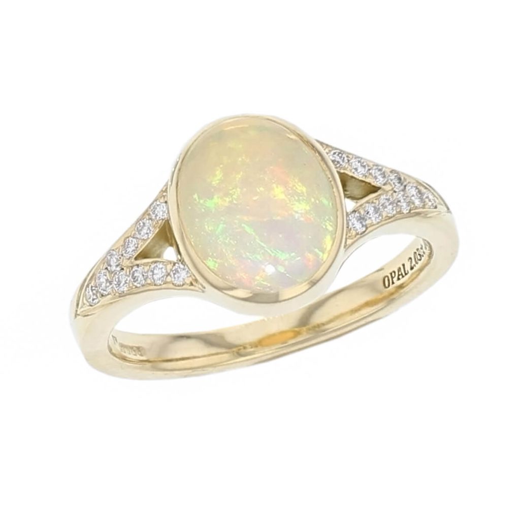 opal diamond ring, 18ct yellow gold oval cut cabochon opal gemstone & diamond multistone dress ring, designer jewellery, gem, jewelry, handmade by Faller, Derry, Londonderry, Northern Ireland, Irish hand crafted, shoulder set