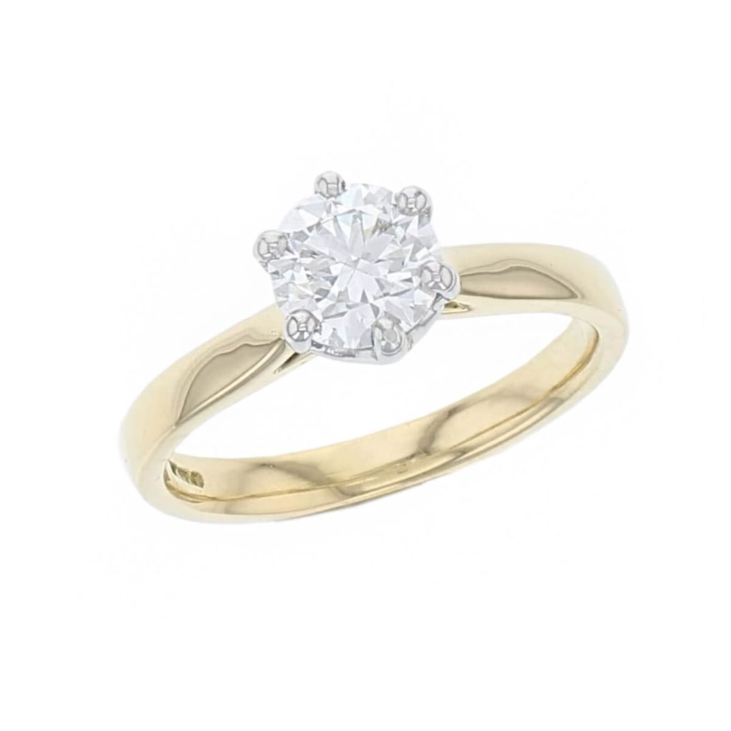 round brilliant cut diamond solitaire engagement ring, platinum & 18ct yellow gold, 18kt, designer, handmade by Faller, hand crafted, betrothal, promise, precious jewellery, jewelry, hand crafted, GIA certified, , G.I.A. GIA, 6 claw setting