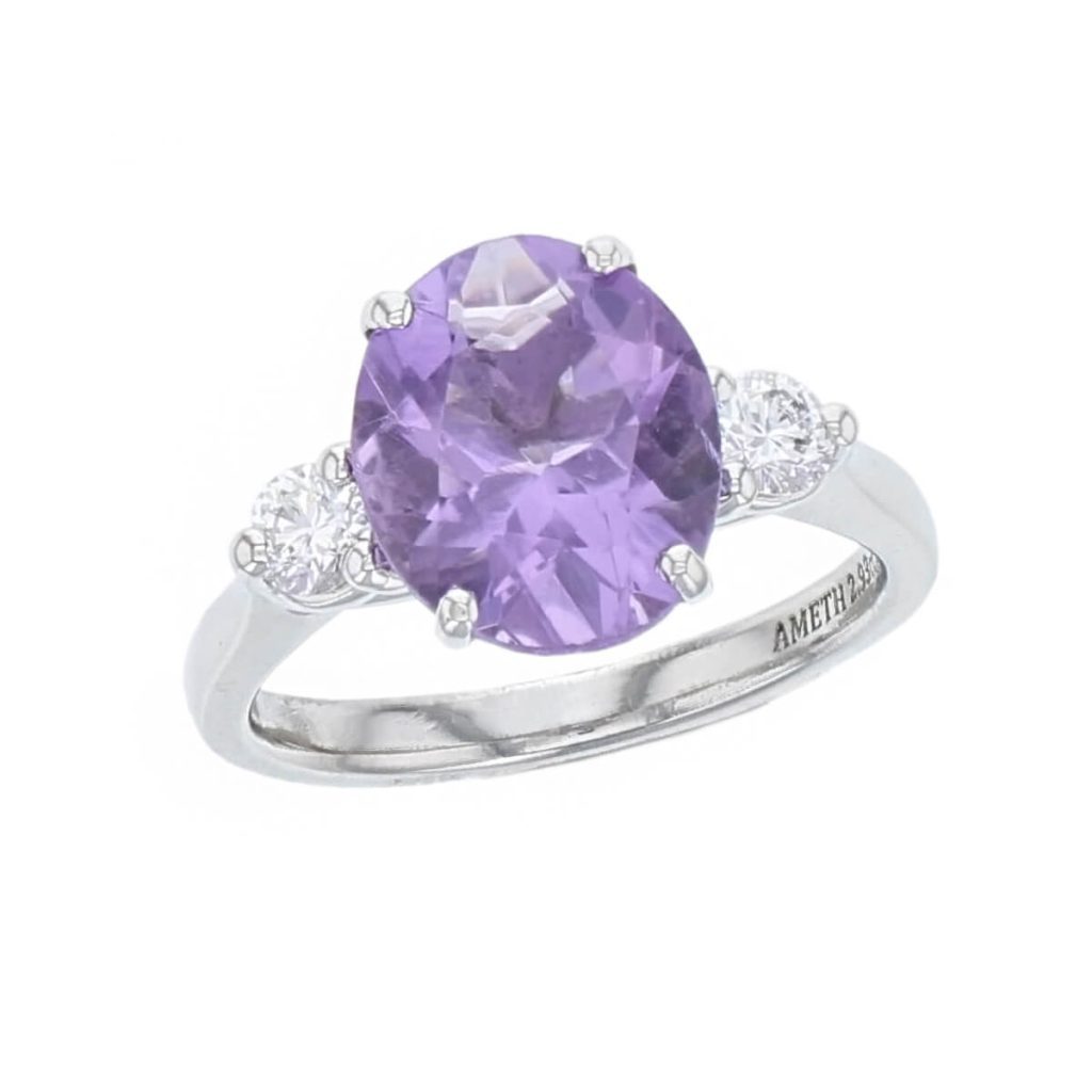 amethyst, diamond platinum trilogy ring