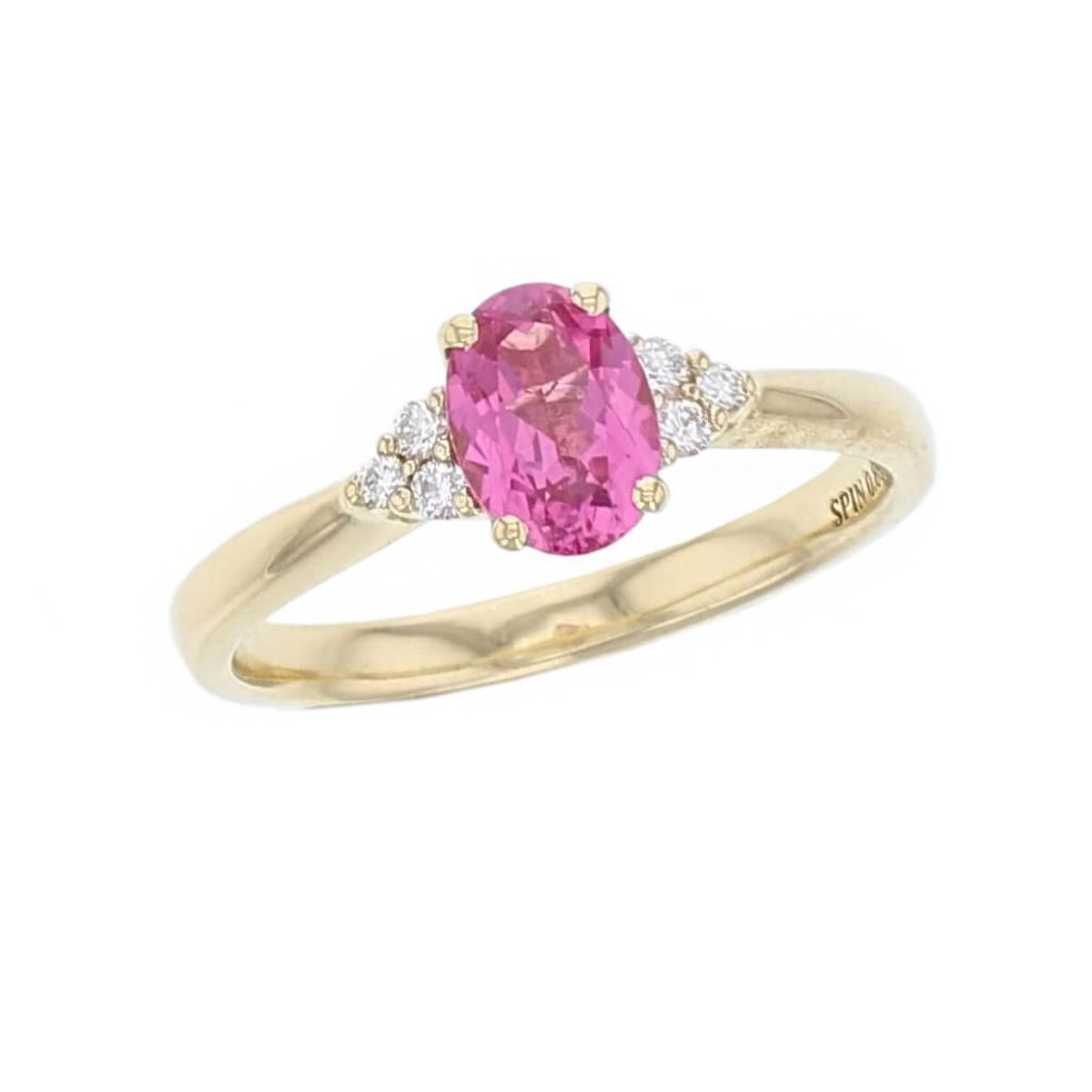 spinel, diamond 18ct yellow gold shoulder set ring