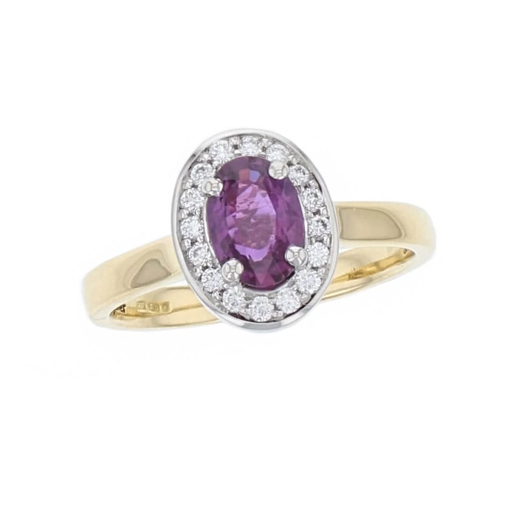 alternative engagement ring, 18ct yellow gold & platinum ladies oval cut purple sapphire & diamond designer cluster engagement ring designed & hand crafted by Faller of Derry/ Londonderry, halo dress ring, precious gem jewellery, jewelry