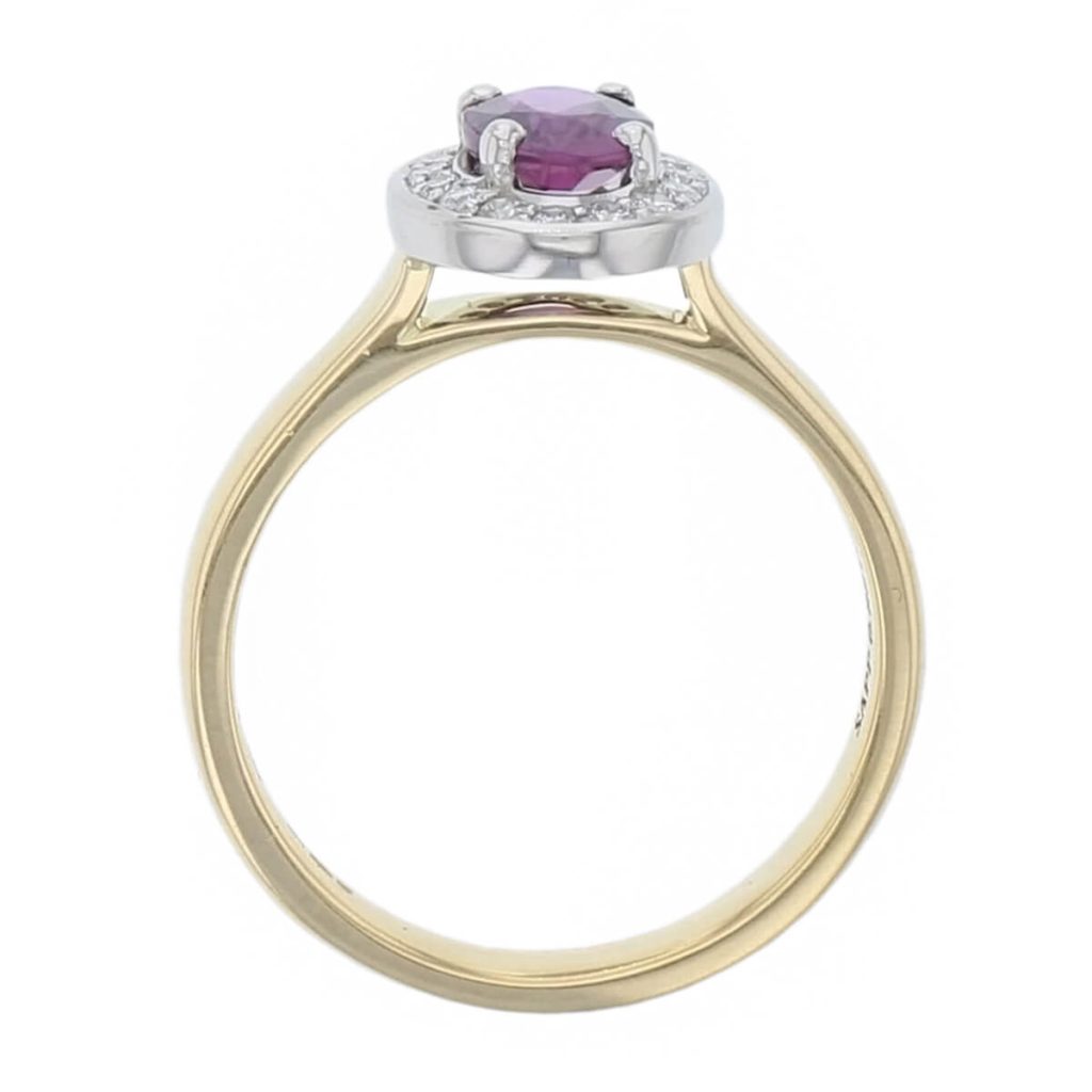 alternative engagement ring, 18ct yellow gold & platinum ladies oval cut purple sapphire & diamond designer cluster engagement ring designed & hand crafted by Faller of Derry/ Londonderry, halo dress ring, precious gem jewellery, jewelry