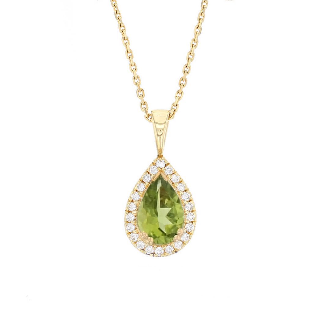 Faller pear cut peridot gemstone & diamond halo 18ct yellow gold ladies pendant with chain, 18kt, designer, handmade by Faller, Derry/ Londonderry, hand crafted, precious jewellery, jewelry