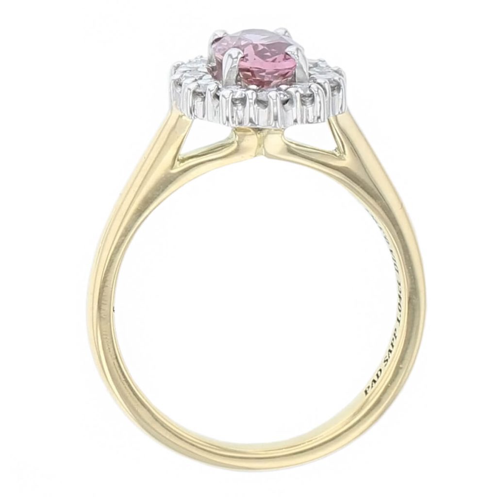 alternative engagement ring, 18ct yellow gold & platinum ladies oval cut orangy pink sapphire & diamond designer cluster engagement ring designed & hand crafted by Faller of Derry/ Londonderry, halo dress ring, precious gem jewellery, jewelry