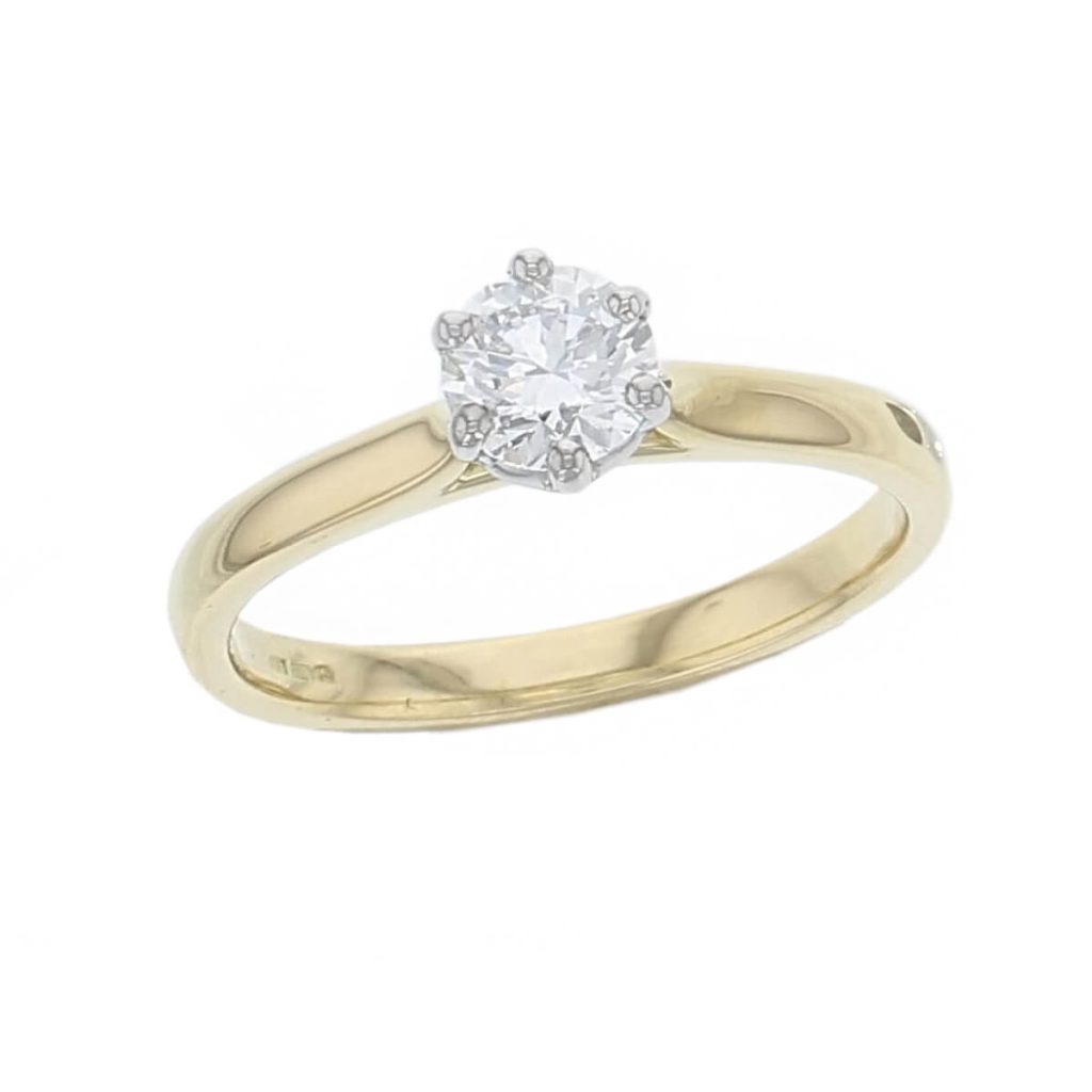round brilliant cut diamond solitaire engagement ring, platinum & 18ct yellow gold, 18kt, designer, handmade by Faller, hand crafted, betrothal, promise, precious jewellery, jewelry, hand crafted, GIA certified, , G.I.A. GIA, 6 claw setting