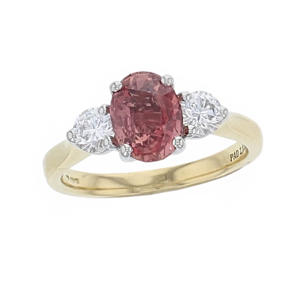 alternative engagement ring, 18ct yellow gold & platinum ladies oval cut orange sapphire & diamond designer trilogy engagement ring designed & hand crafted by Faller of Derry/ Londonderry, trilogy dress ring, precious gem jewellery, jewelry