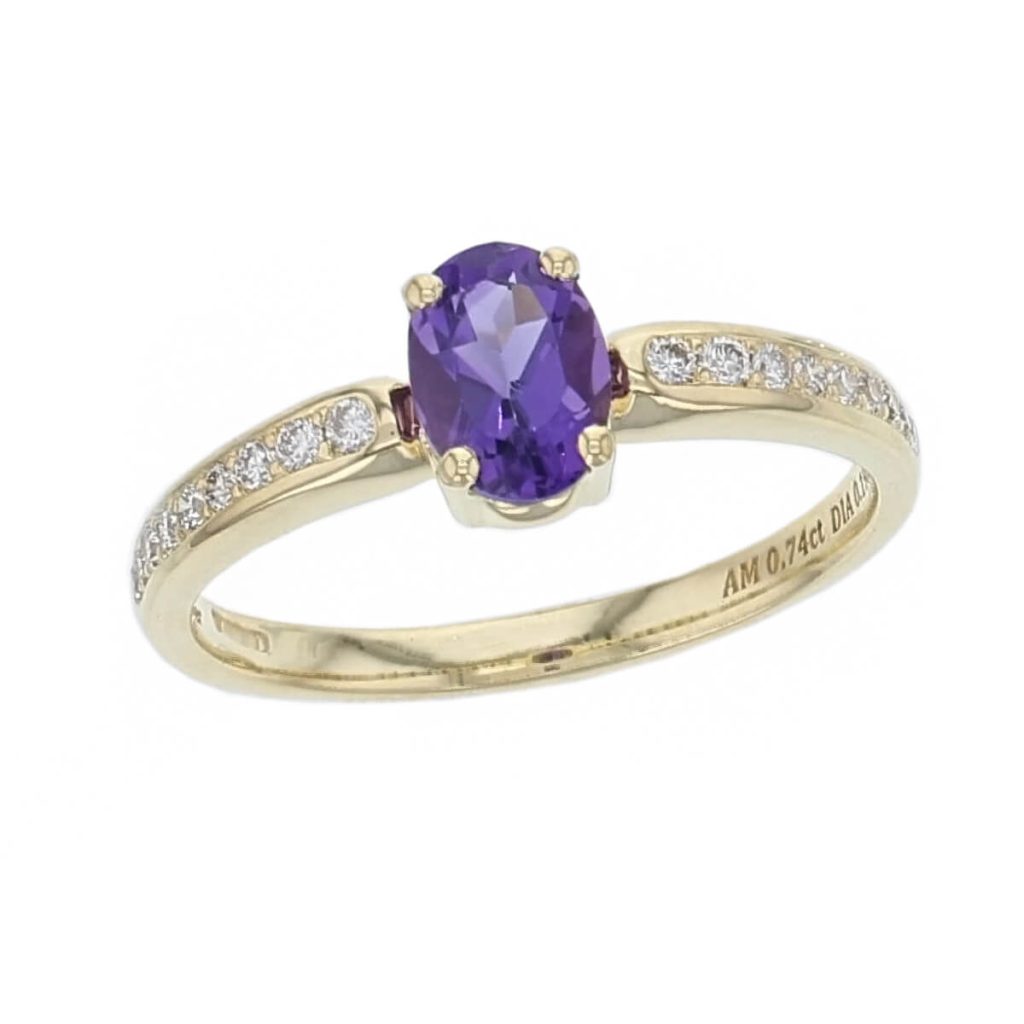 amethyst, diamond 18ct yellow gold shoulder set diamond ring