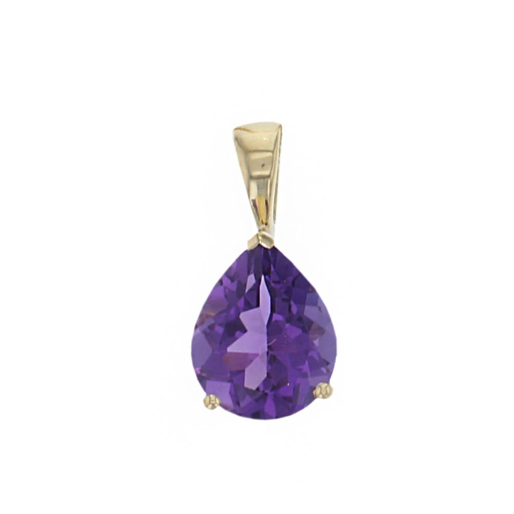 18ct yellow gold purple pear cut faceted amethyst gemstone pendant, designer jewellery, gem, jewelry, handmade by Faller, Londonderry, Northern Ireland, Irish hand crafted, purple gem pendant, february birthstone jewellery