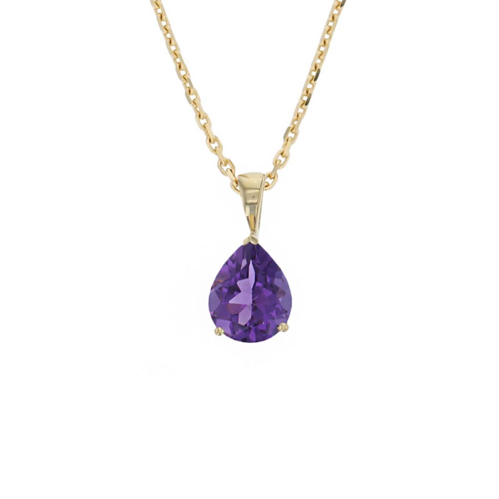 18ct yellow gold purple pear cut faceted amethyst gemstone pendant, designer jewellery, gem, jewelry, handmade by Faller, Londonderry, Northern Ireland, Irish hand crafted, purple gem pendant, february birthstone jewellery