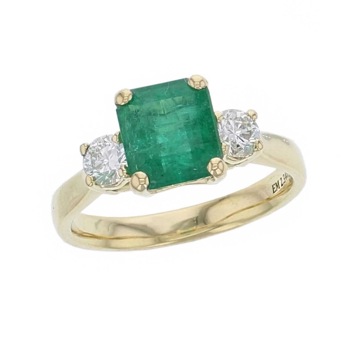 alternative engagement ring, 18ct yellow gold ladies octagon cut emerald & diamond designer trilogy engagement ring designed & hand crafted by Faller of Derry/ Londonderry, trilogy dress ring, precious green gem jewellery, jewelry