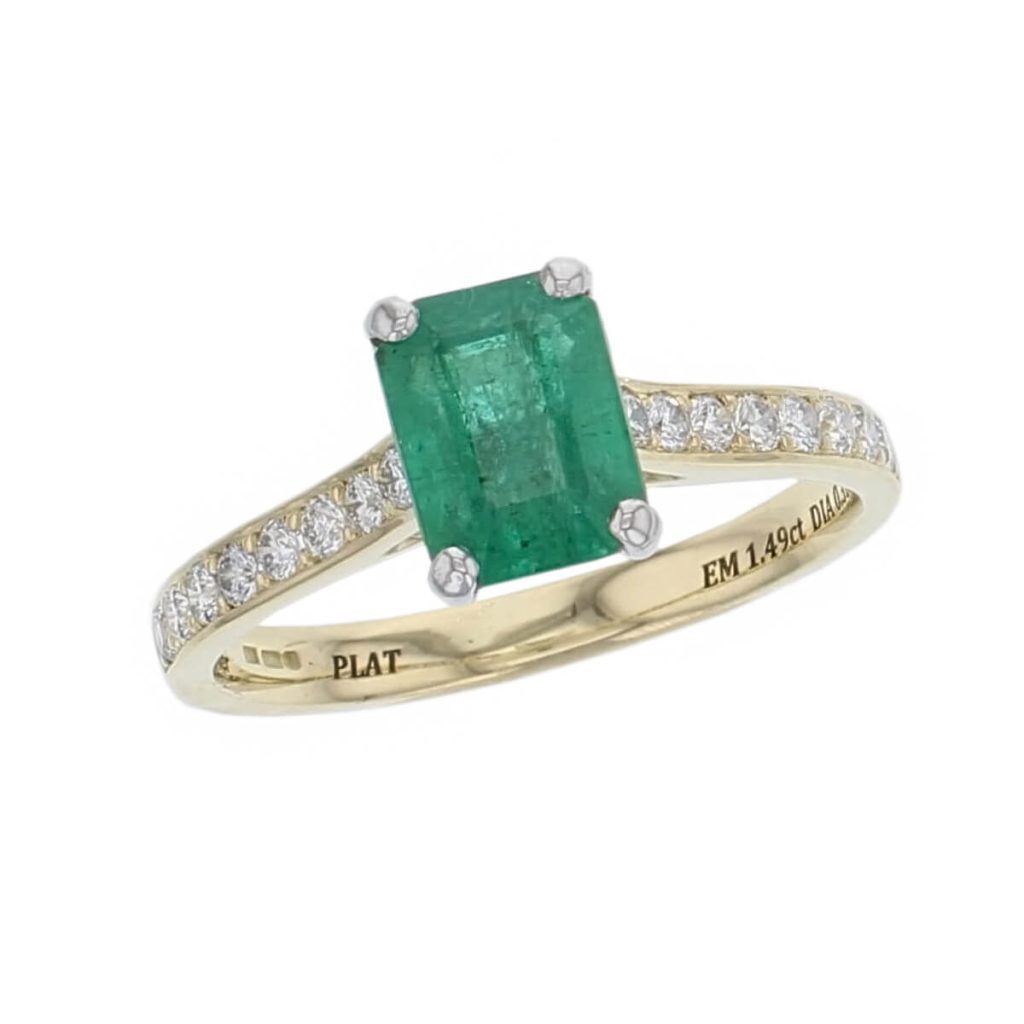 alternative engagement ring, 18ct yellow gold ladies octagon cut emerald & diamond designer shoulder set engagement ring designed & hand crafted by Faller of Derry/ Londonderry, shoulder set dress ring, precious green gem jewellery