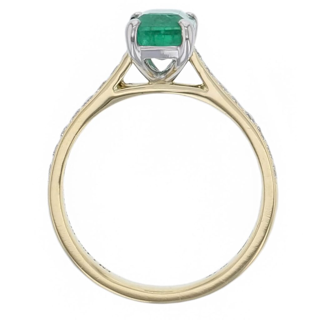 alternative engagement ring, 18ct yellow gold ladies octagon cut emerald & diamond designer shoulder set engagement ring designed & hand crafted by Faller of Derry/ Londonderry, shoulder set dress ring, precious green gem jewellery