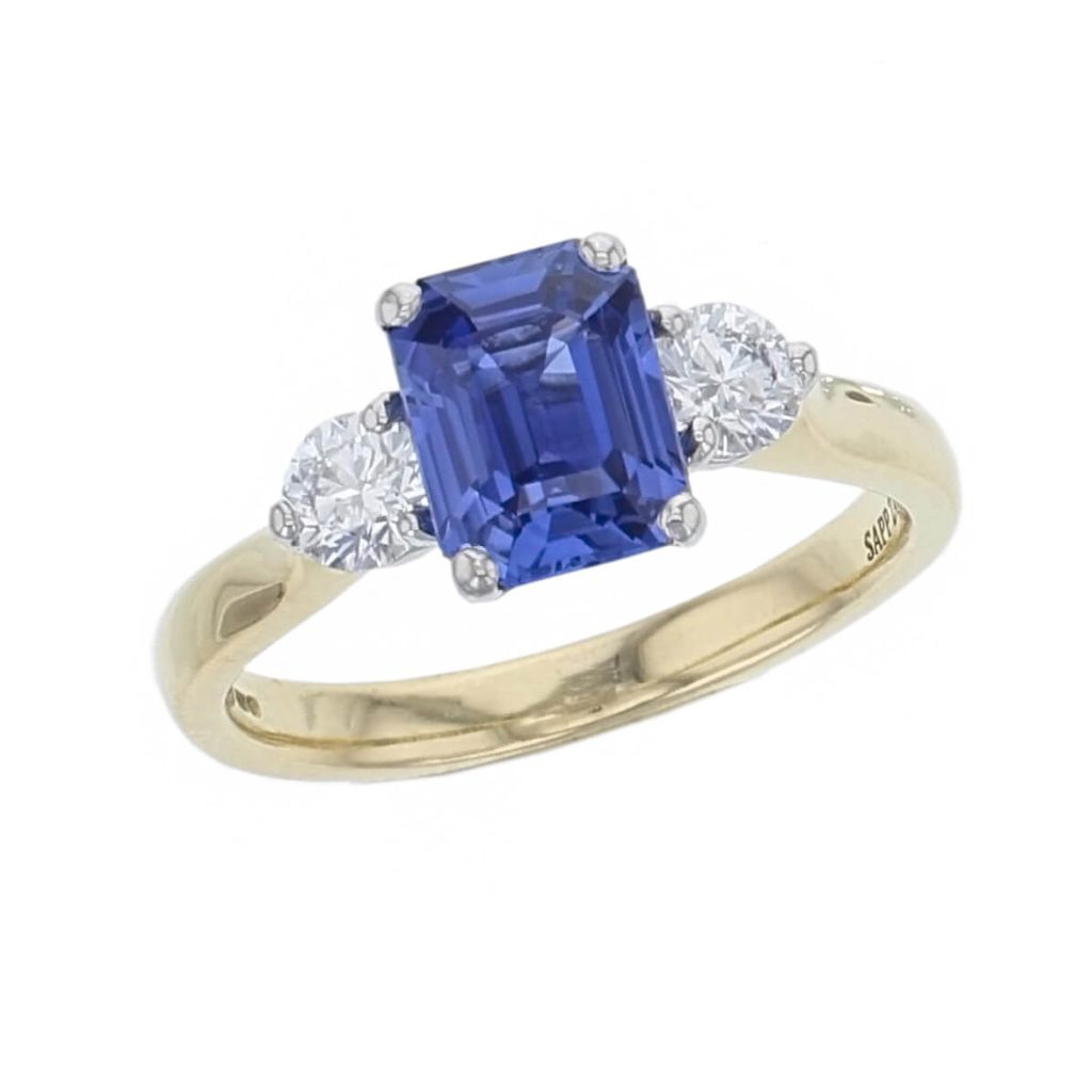 18ct yellow gold & platinum, octagon cut diamond & round cut blue purple sapphire trilogy ring designer three stone dress ring handmade by Faller, hand crafted, precious jewellery, jewelry, ladies, woman