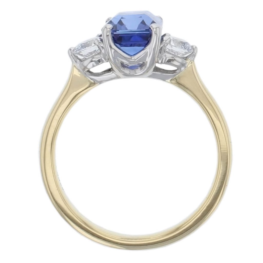 18ct yellow gold & platinum, octagon cut diamond & round cut blue purple sapphire trilogy ring designer three stone dress ring handmade by Faller, hand crafted, precious jewellery, jewelry, ladies, woman