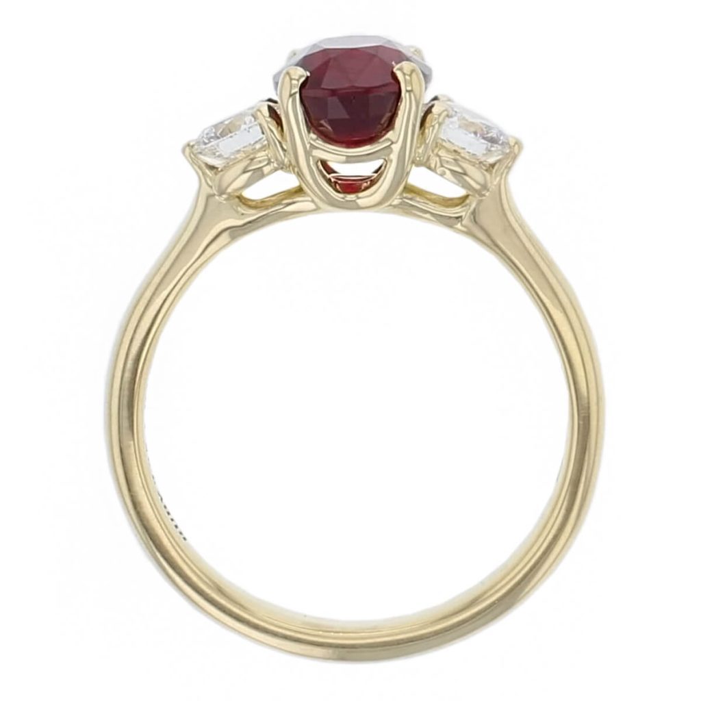 alternative engagement ring, 18ct yellow gold oval cut diamond & ruby trilogy ring designer three stone dress ring handmade by Faller, hand crafted, precious jewellery, jewelry, ladies , woman