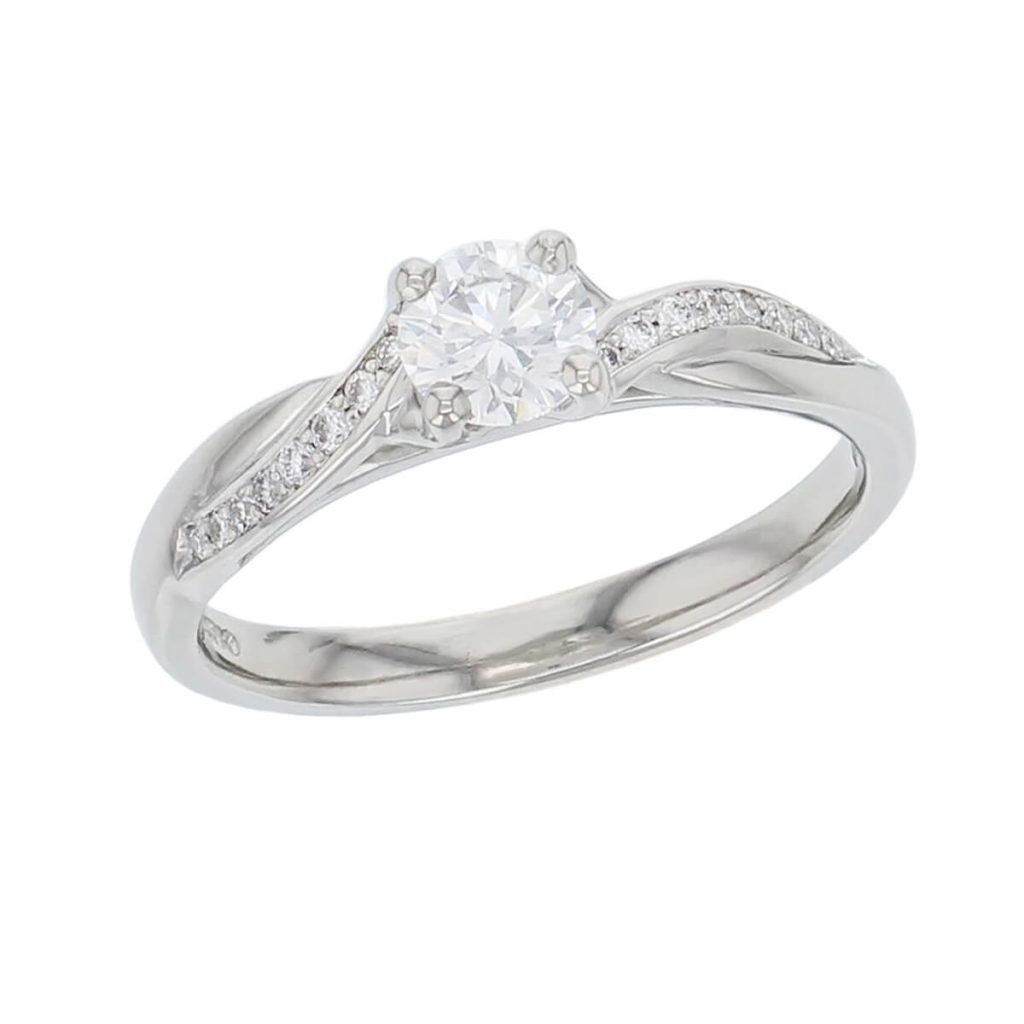 round cut diamond multi-stone shoulder set engagement ring, platinum, designer, handmade by Faller, hand crafted, betrothal, promise, precious jewellery, jewelry, GIA certified, bridal set, hand crafted, G.I.A. GIA, multistone