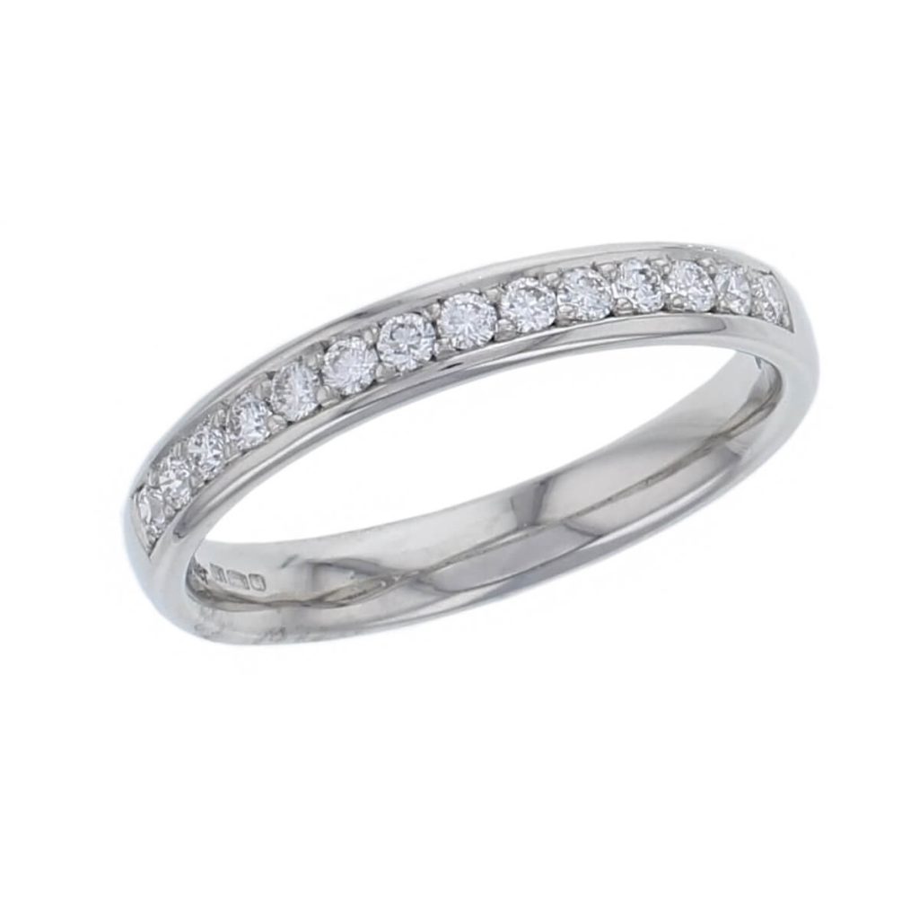 3.2mm wide platinum ladies round brilliant cut diamond eternity ring, personalised engraving, court profile, comfort fit, precious jewellery by Faller of Derry/ Londonderry, jewelry, grain set