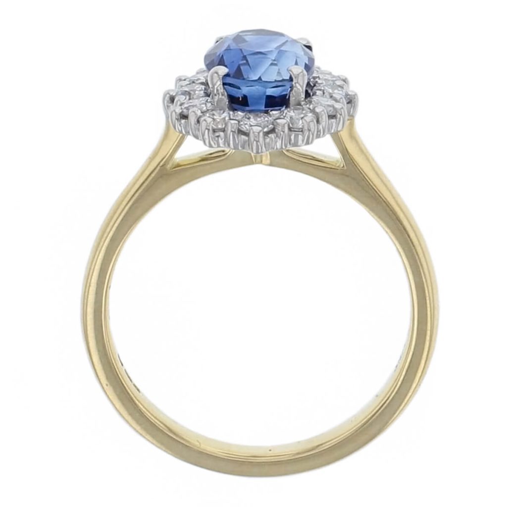 alternative engagement ring, 18ct yellow gold & platinum ladies oval cut royal blue sapphire & diamond designer cluster engagement ring designed & hand crafted by Faller of Derry/ Londonderry, halo dress ring, precious gem jewellery, jewelry