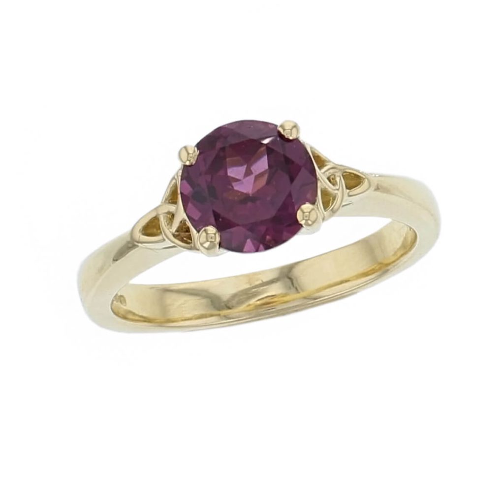 18ct yellow gold red round brilliant cut rhodolite garnet gemstone dress ring, designer jewellery, gem, jewelry, handmade by Faller, Londonderry, Northern Ireland, Irish hand crafted