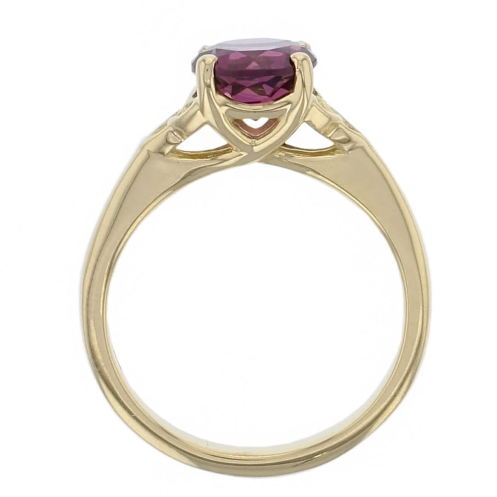 18ct yellow gold red round brilliant cut rhodolite garnet gemstone dress ring, designer jewellery, gem, jewelry, handmade by Faller, Londonderry, Northern Ireland, Irish hand crafted