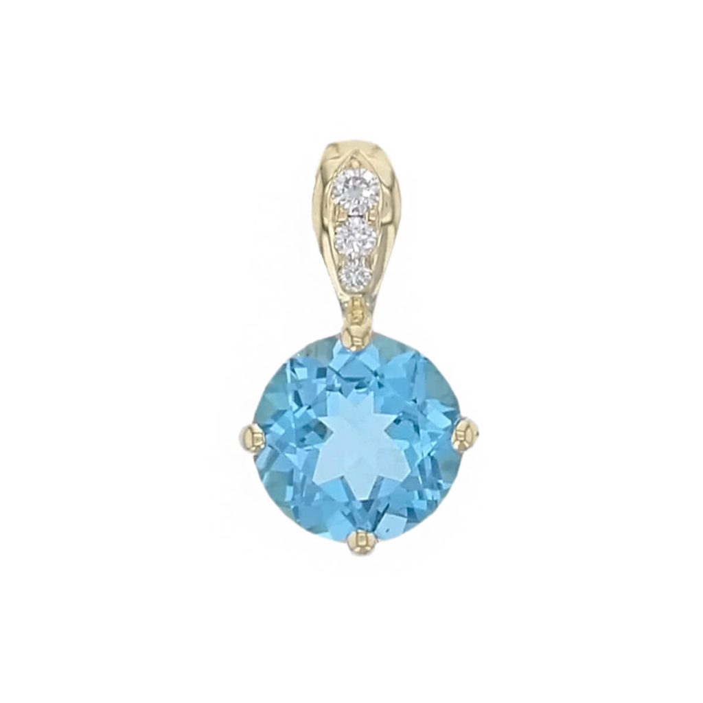 round blue topaz & 3 diamond 18ct gold ladies pendant