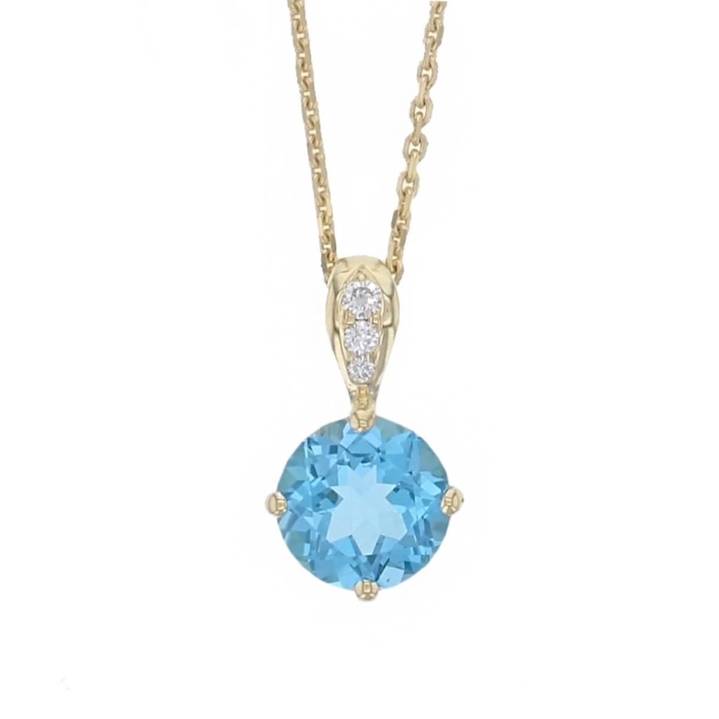 round blue topaz & 3 diamond 18ct gold ladies pendant with chain