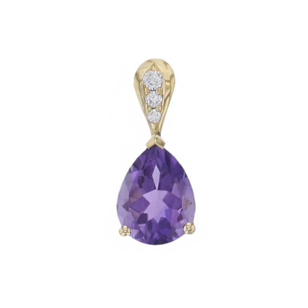 Pear amethyst & 3 diamond 18ct gold ladies pendant