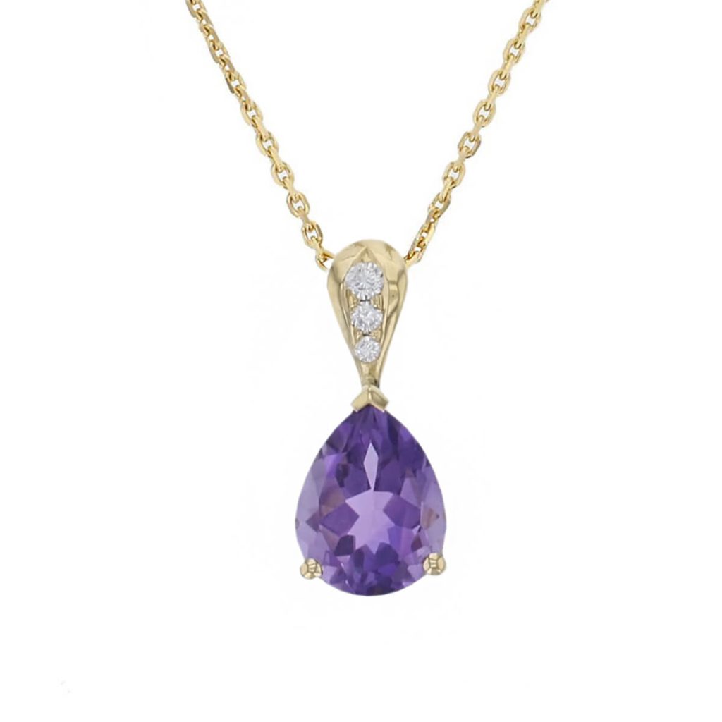 Pear amethyst & 3 diamond 18ct gold ladies pendant with chain