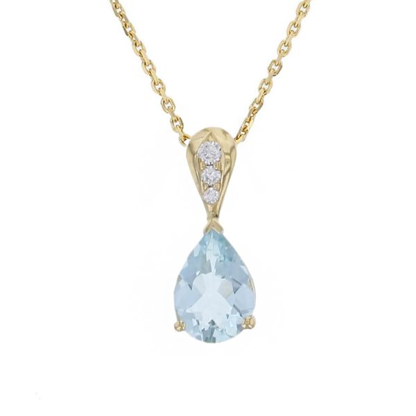 pear gemstone pendant, 18ct yellow gold ladies pear cut aquamarine & diamond designer pendant designed & hand crafted by Faller of Derry/ Londonderry, precious blue gem jewellery, jewelry,