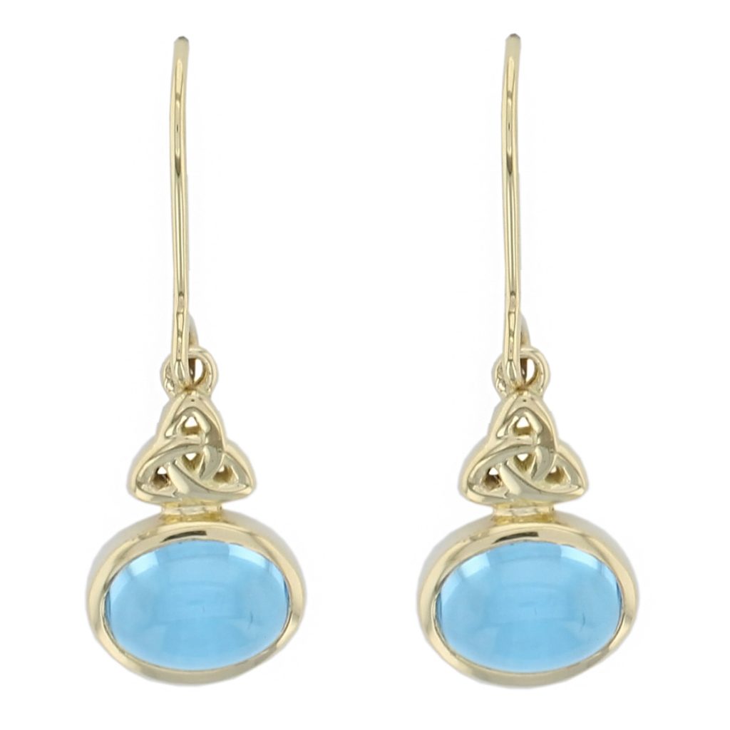 celtic knot, trinity knot, 18ct yellow gold blue topaz drops