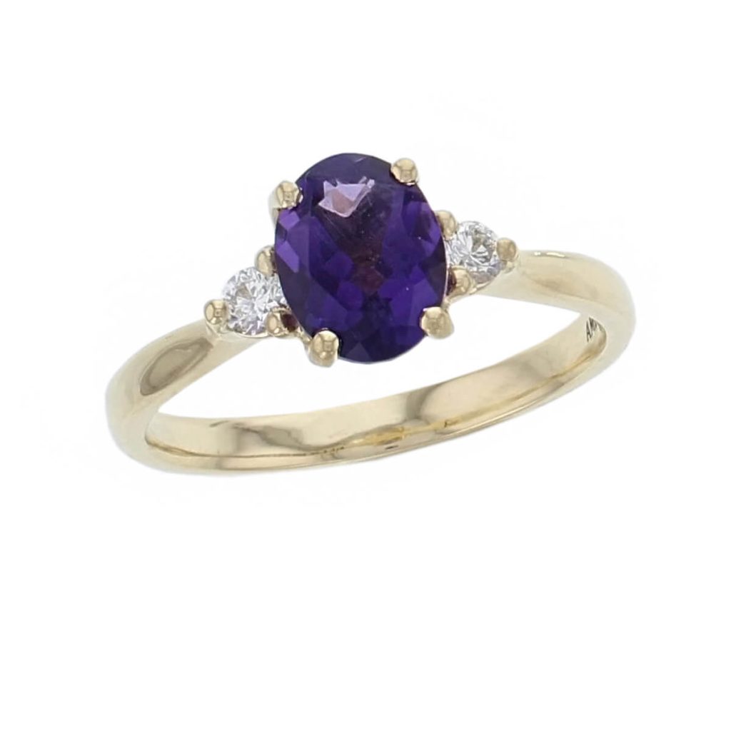 amethyst, diamond 18ct yellow gold trilogy ring