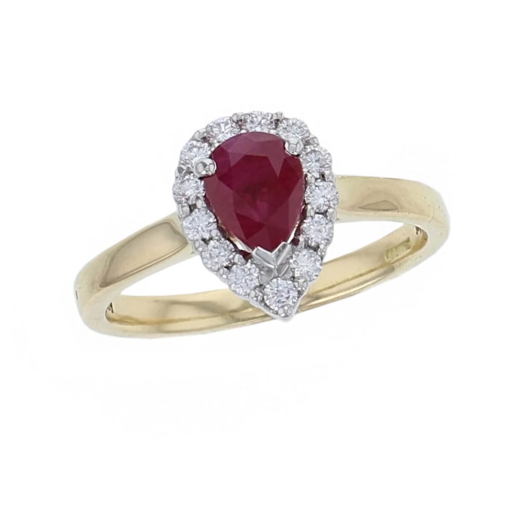 platinum & 18ct yellow gold ladies pear cut ruby & diamond designer cluster engagement ring designed & hand crafted by Faller of Derry/ Londonderry, halo dress ring, precious gem jewellery, jewelry