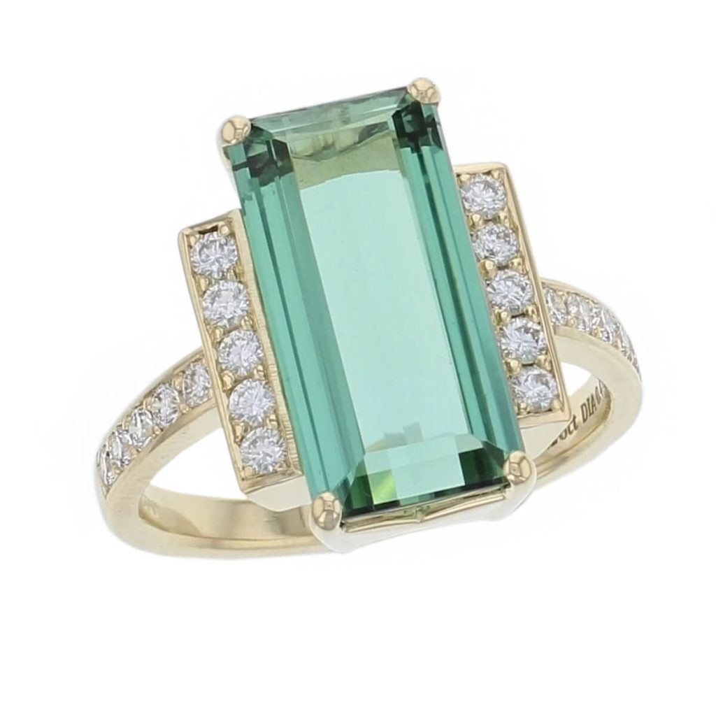 18ct yellow gold octagon green tourmaline shoulder set ring