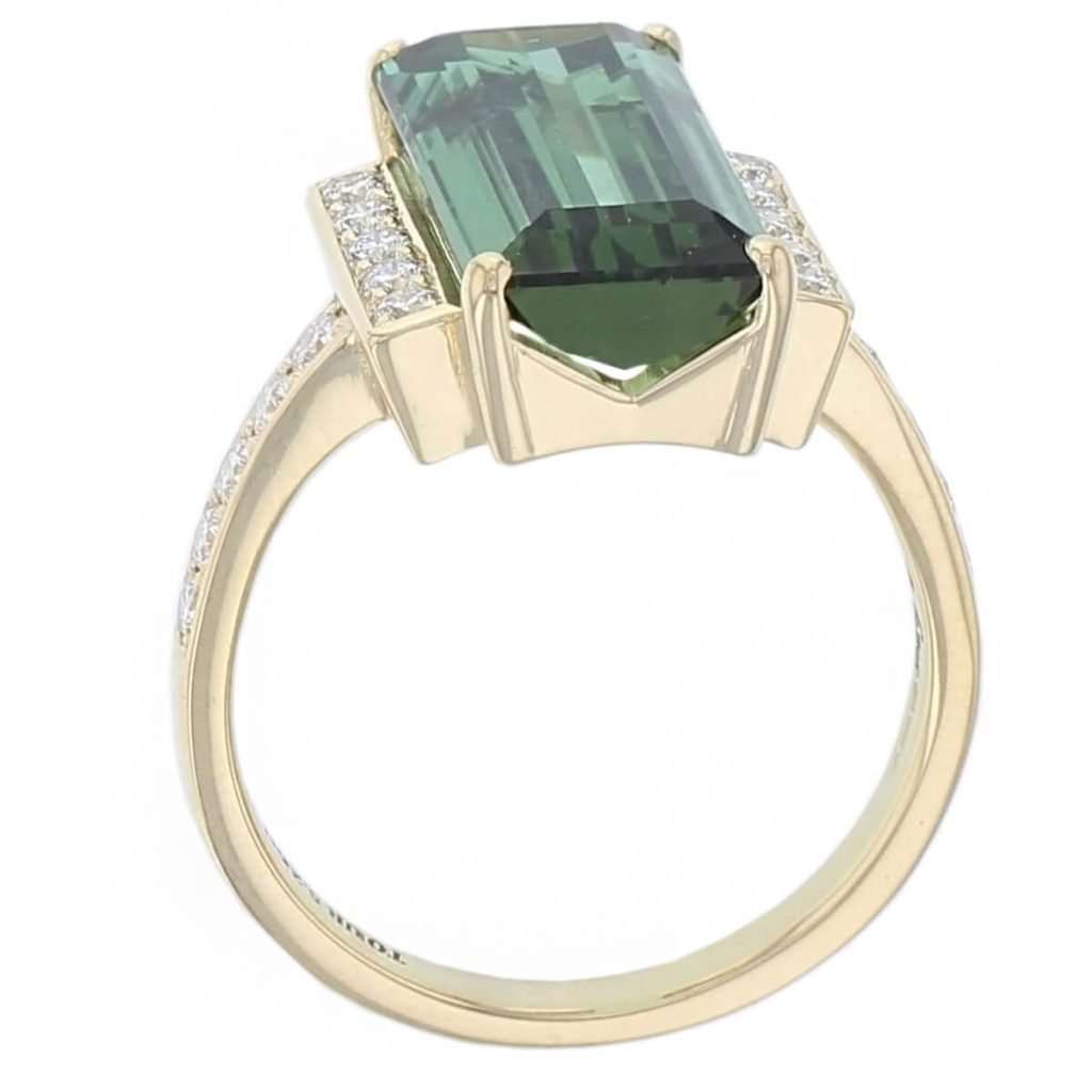 18ct yellow gold octagon green tourmaline shoulder set ring
