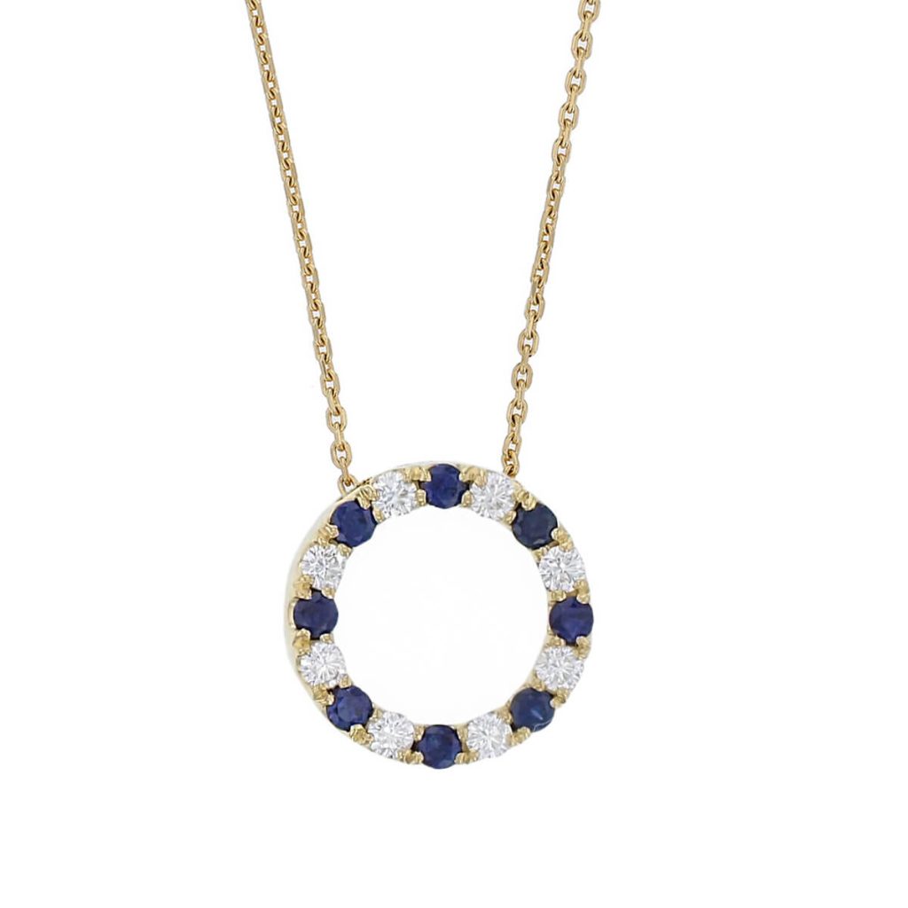 18ct yellow gold diamond and blue sapphire eternal circle pendant with chain