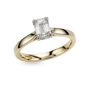 emerald cut diamond solitaire engagement ring, platinum & 18ct yellow gold, 18kt, designer, handmade by Faller, hand crafted, betrothal, promise, precious jewellery, jewelry, hand crafted, GIA certified, , G.I.A. GIA, 4 claw setting