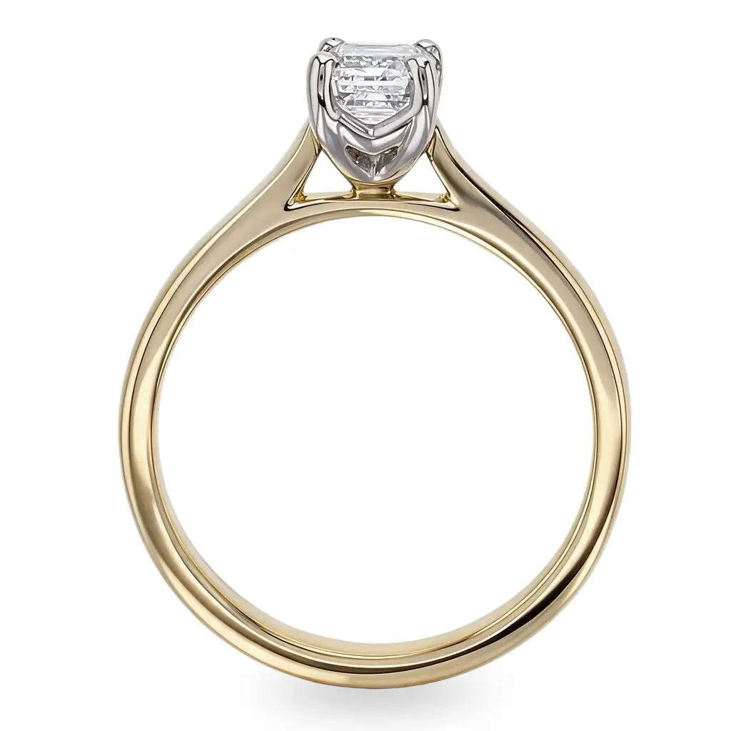 emerald cut diamond solitaire engagement ring, platinum & 18ct yellow gold, 18kt, designer, handmade by Faller, hand crafted, betrothal, promise, precious jewellery, jewelry, hand crafted, GIA certified, , G.I.A. GIA, 4 claw setting