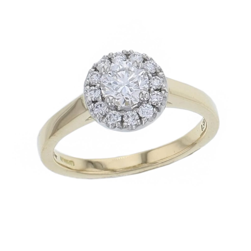 round brilliant cut diamond cluster engagement ring, 18ct yellow gold, platinum, designer, handmade by Faller, hand crafted, betrothal, promise, precious jewellery, jewelry, hand crafted dress ring