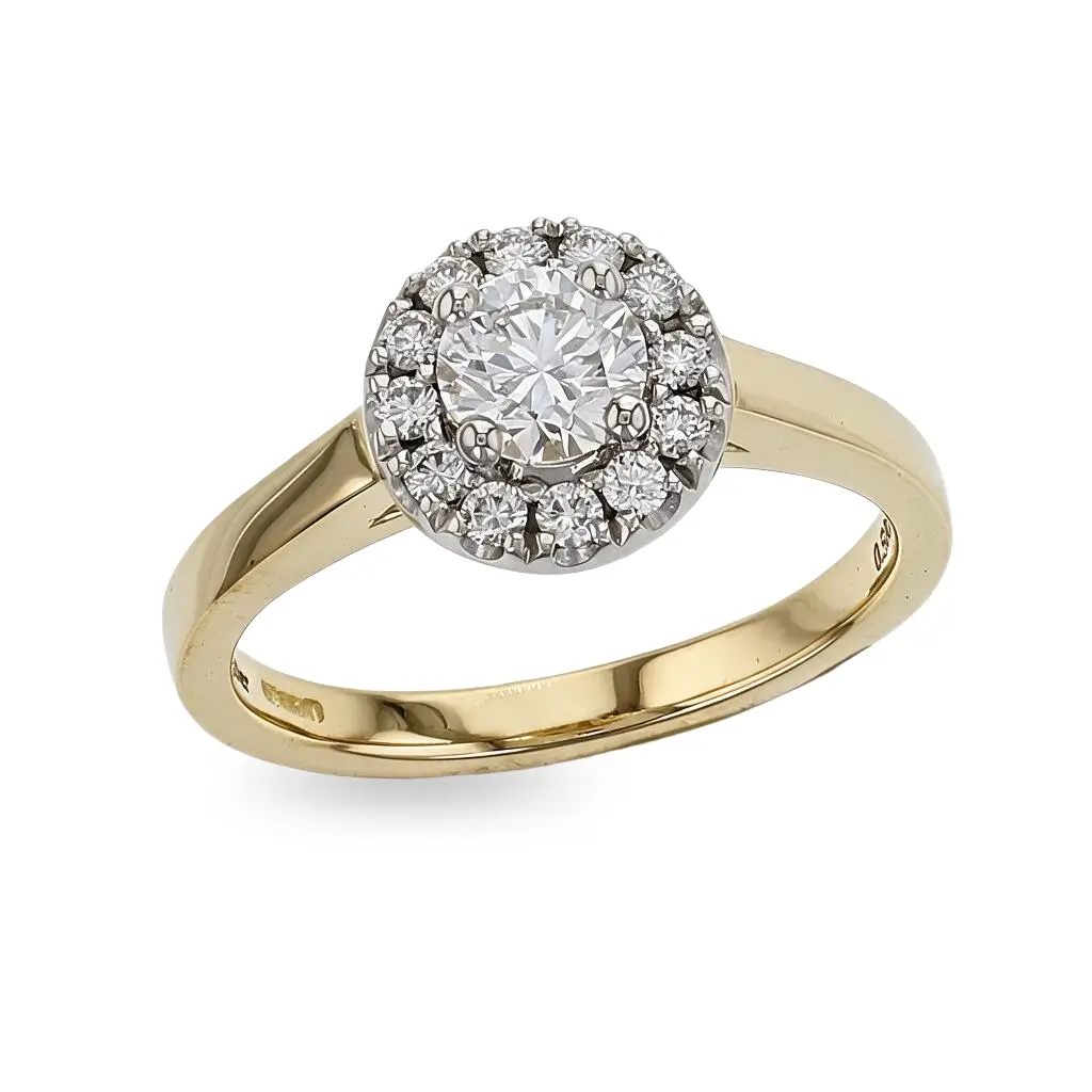 round brilliant cut diamond cluster engagement ring, 18ct yellow gold, platinum, designer, handmade by Faller, hand crafted, betrothal, promise, precious jewellery, jewelry, hand crafted dress ring