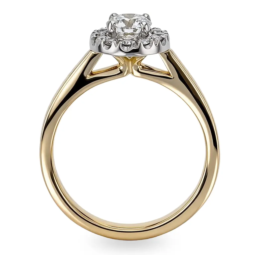 round brilliant cut diamond cluster engagement ring, 18ct yellow gold, platinum, designer, handmade by Faller, hand crafted, betrothal, promise, precious jewellery, jewelry, hand crafted dress ring